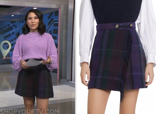vicky nguyen, nbc news daily, purple plaid fringe wrap mini skirt