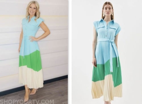 charlotte hawkins, good morning britain, blue colorblock pleated dress