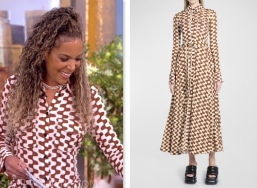 the view, sunny hostin, white and burgundy geometric printed shirt dress