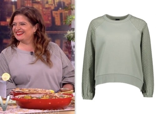Alex Guarnaschelli, the view, grey green eyelet sweater