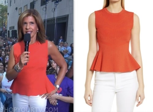 hoda kotb, the today show, hoda and jenna, coral red ribbed knit peplum top