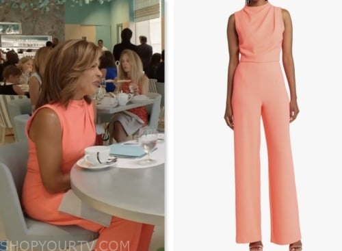 the today show, coral drape jumpsuit, hoda kotb, hoda and jenna