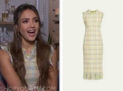 jessica alba, e! news, green multi tweed fringe trim midi sheath dress