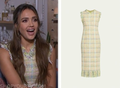 jessica alba, e! news, green multi tweed fringe trim midi sheath dress