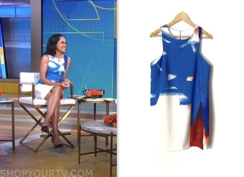 good morning america, blue and white abstract print sheath dress, linsey davis