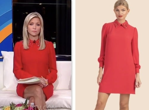 fox and friends, ainsley earhardt, red embellished collar shift dress, fox news fashion