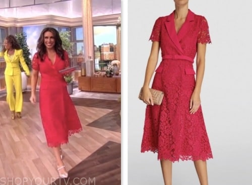 alyssa farah griffin, the view, pink lace belted midi dress