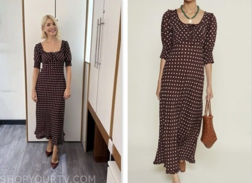 this morning, holly willoughby, brown polka dot midi dress