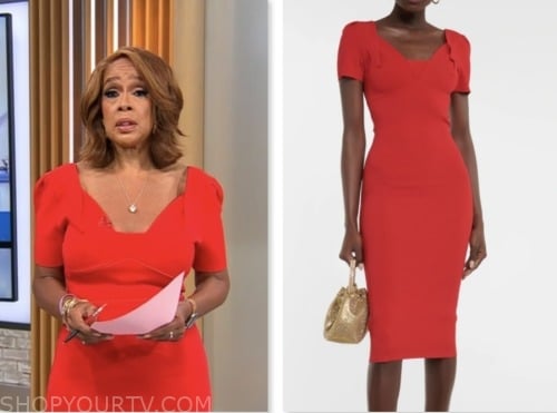 gayle king, cbs mornings, red short sleeve pencil dress