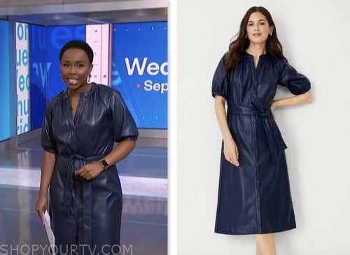 Zinhle Essamuah, nbc news daily, blue leather shirt dress