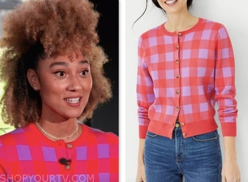 the today show, hoda and jenna, ally love, red and purple plaid cardigan sweater