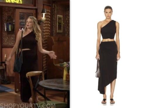 summer newman, allison lanier, the young and the restless, brown one shoulder crop top and skirt set