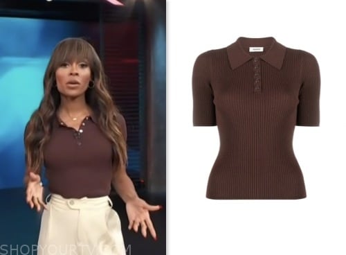 zuri hall, access hollywood, burgundy ribbed knit polo shirt
