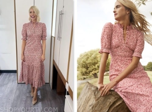 holly willoughby, this morning, red floral midi dress