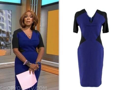 cbs mornings, blue and black colorblock sheath dress, gayle king