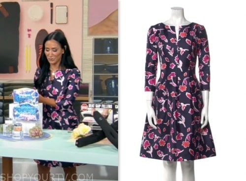 elizabeth werner, cbs mornings, navy blue and pink floral dress