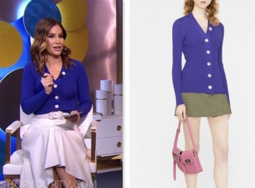 rebecca jarvis, blue purple ribbed knit button trim top, good morning america