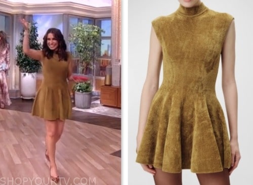 the view, alyssa farah griffin, moss green knit mock neck mini dress