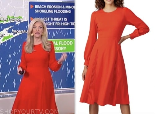 janice dean, red long sleeve dress, fox and friends, fox news fashion