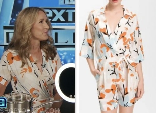 extra, Alison Deyette, white and orange floral wrap romper