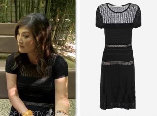 good morning america, juju chang, black knit crochet dress