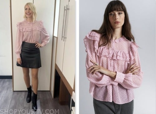 holly willoughby, this morning, pink printed ruffled top
