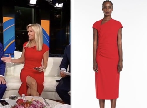 ainsley earhardt, fox and friends, fox news fashion, red asymmetric neck slit dress