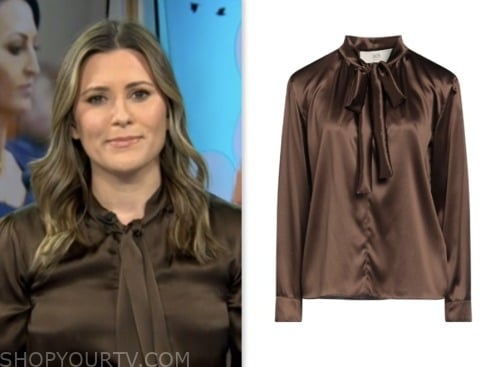 erin mclaughlin, the today show, brown satin tie neck blouse