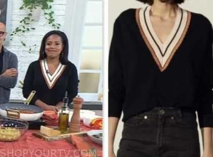 sheinelle jones, the today show, striped trim v-neck sweater