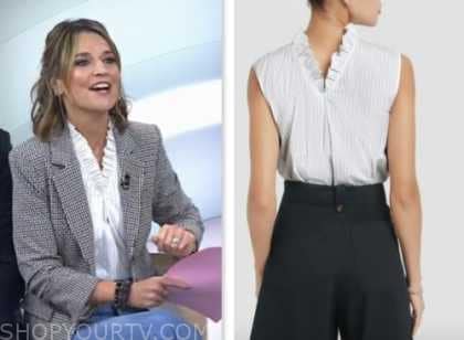the today show, savannah guthrie, white striped ruffle trim top
