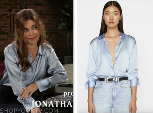 victoria newman, amelia heinle, the young and the restless, light blue silk shirt blouse