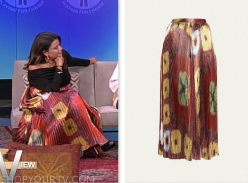 The View: September 2023 Ana Navarro's Red Floral Pleated Metallic Midi ...