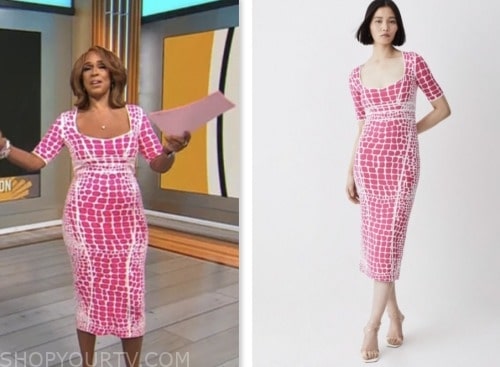 gayle king, cbs mornings, pink printed knit dress