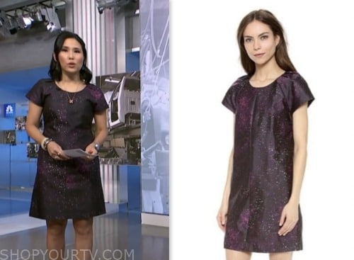 vicky nguyen, nbc news daily, black and purple printed shift dress