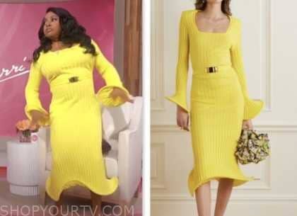 sherri shepherd, sherri, yellow ribbed knit belted midi dress