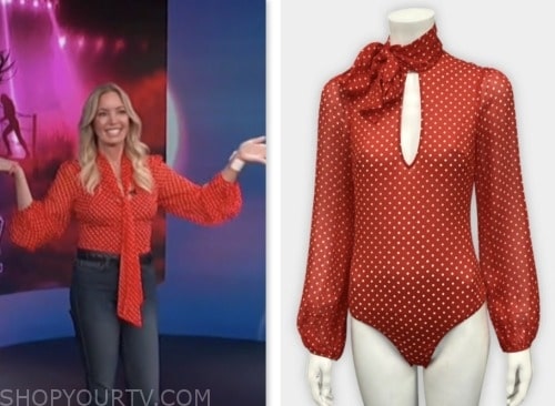 jeanie buss, access daily, red polka dot tie neck bodysuit top