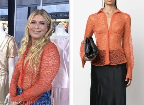 the today show, jill martin brooks, coral orange floral lace shirt top