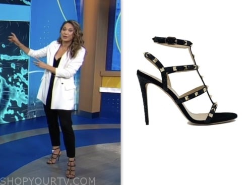 ginger zee, good morning america, black studded sandals heels