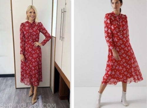 this morning, holly willoughby, red and pink floral silk dress