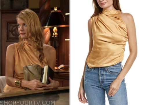 phyllis newman, michelle stafford, the young and the restless, orange satin drape sleeveless top