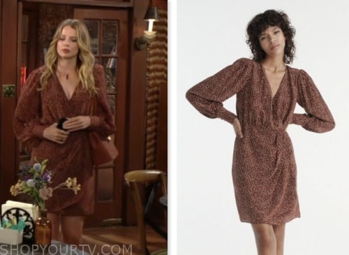 summer newman, the young and the restless, burgundy printed wrap dress, allison lanier