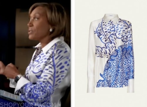 robin roberts, blue and white floral satin printed shirt, good morning america