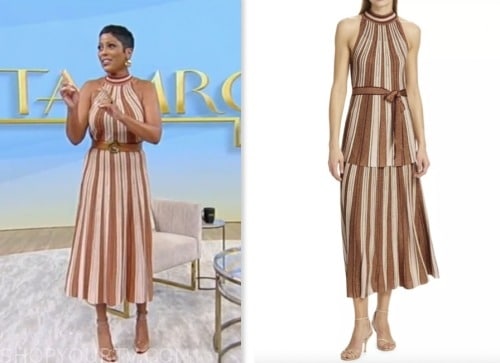tamron hall show, tamron hall, brown and pink metallic stripe knit halter top and skirt dress