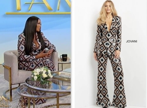 Cynthia bailey, tamron hall show, beige and black geometric sequin blazer and pant suit