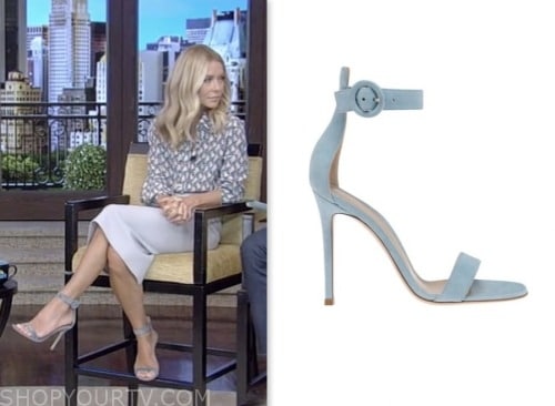 kelly ripa, live with kelly and mark, light blue suede sandals heels