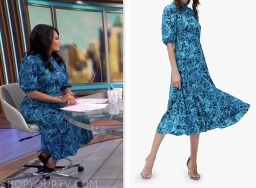 nancy chen, cbs mornings, blue rose print midi dress