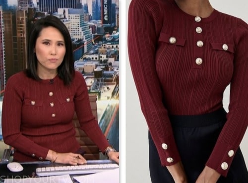 vicky nguyen, nbc news daily, burgundy red knit military top
