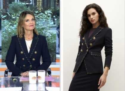 the today show, savannah guthrie, navy contrast stripe trim double breasted blazer