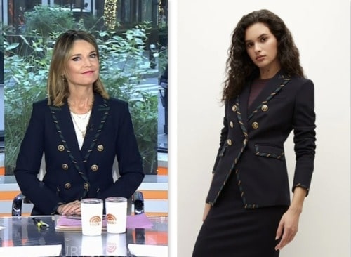 the today show, savannah guthrie, navy contrast stripe trim double breasted blazer