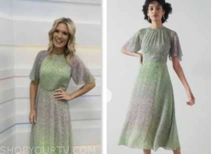 good morning britain, charlotte hawkins, green and purple printed midi dress